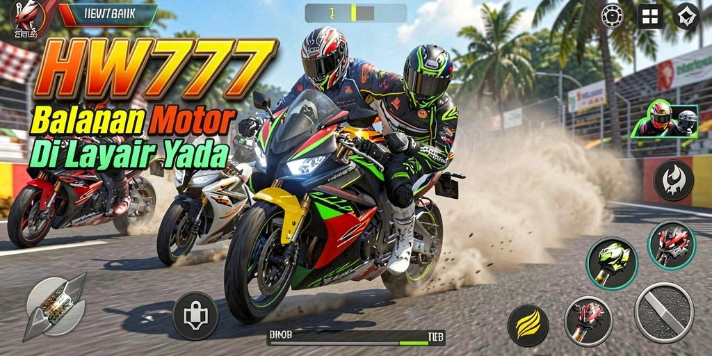 Screenshot gameplay HW777 menampilkan aksi balapan motor yang seru.