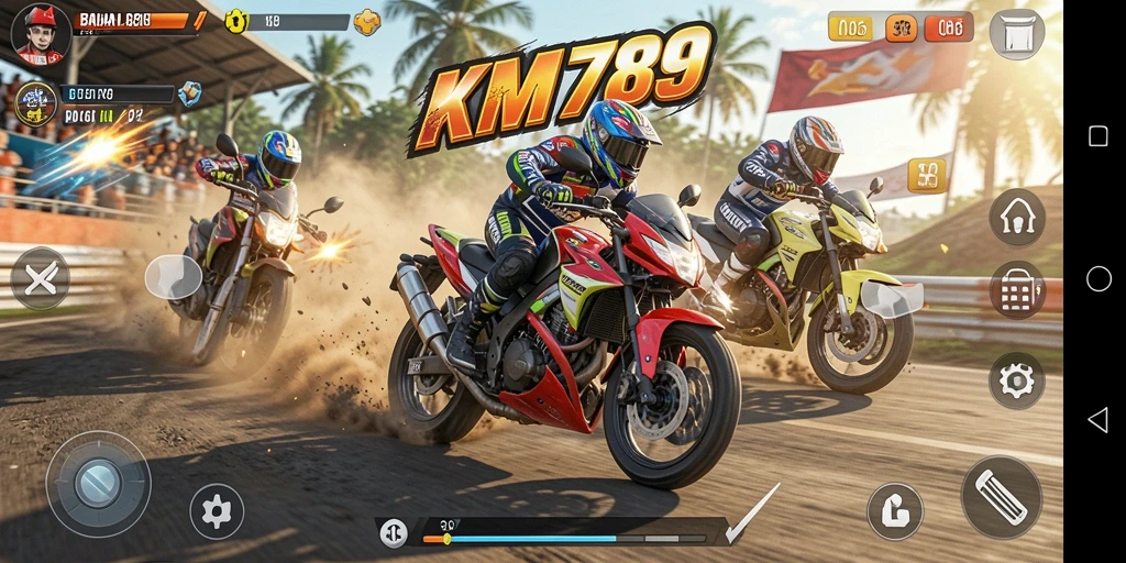 Tampilan gameplay KM789 yang seru dan menegangkan dengan balapan motor.