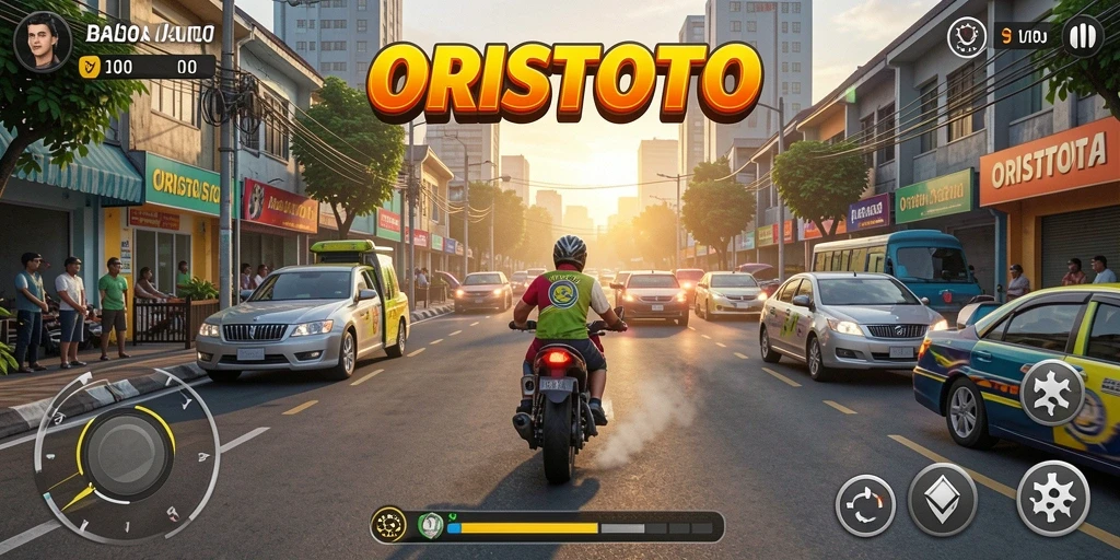 Tampilan gameplay seru ORISTOTO dengan mobil balap yang cepat.