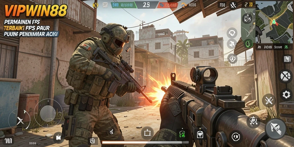 Tampilan gameplay intens dari <strong>VIPWIN88</strong> yang menampilkan pertempuran FPS.