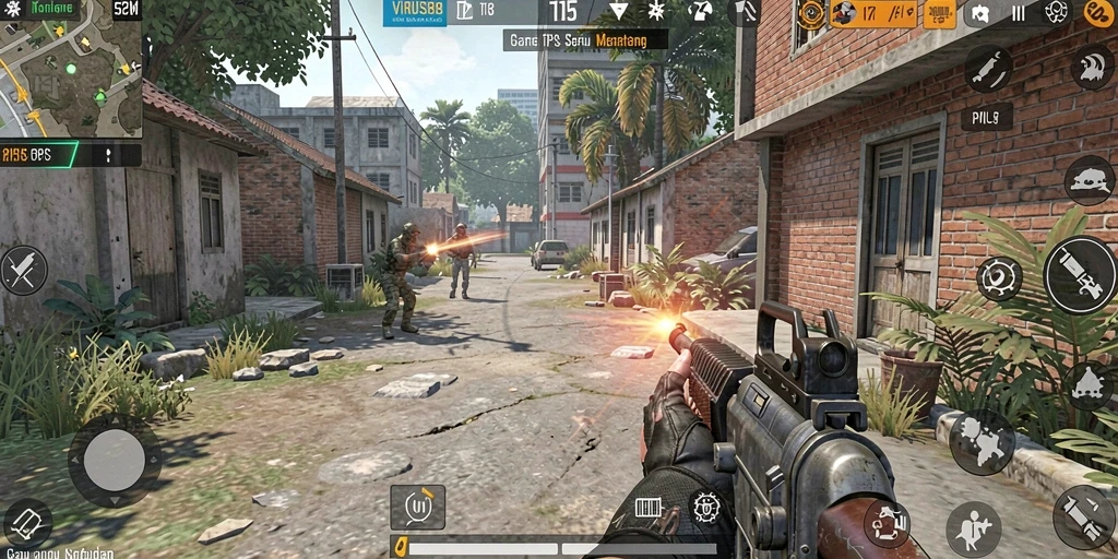 Tampilan gameplay epik dalam VIRUS88 dengan aksi tembak-menembak yang intens.