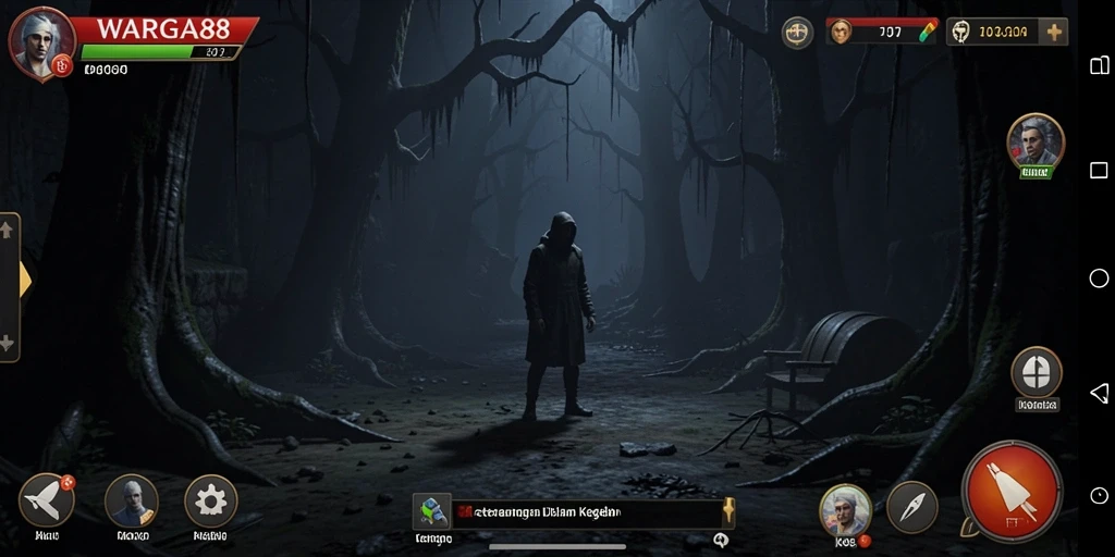Screenshot gameplay WARGA88 menampilkan suasana mencekam dan karakter menakutkan.